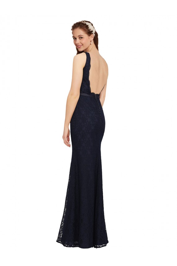 Dark Navy V-Neck Sleeveless Open Back Sheath Bridesmaid Dress Townsville