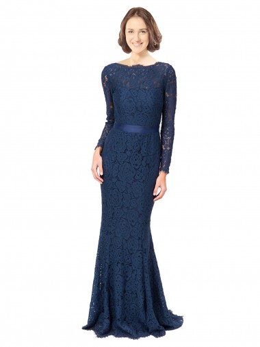 Dark Navy Jewel Neck Long Sleeves V-Back Mermaid, Sheath Bridesmaid Dress Townsville