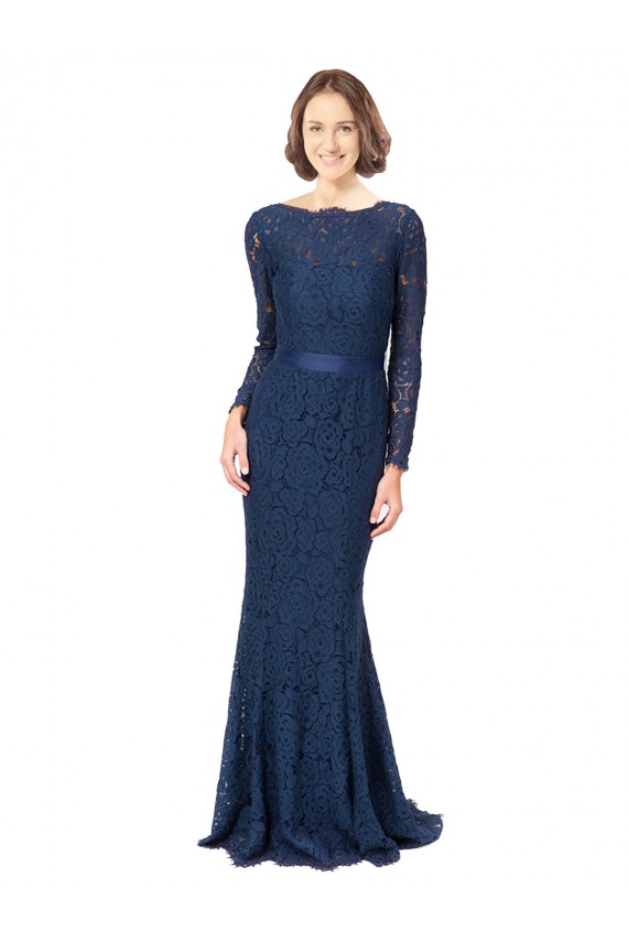 Dark Navy Jewel Neck Long Sleeves V-Back Mermaid, Sheath Bridesmaid Dress Townsville