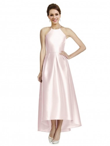 Pink Halter Neck Sleeveless Open Back A-Line High Low Bridesmaid Dress Townsville