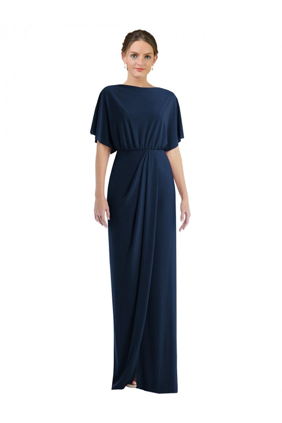 Dark Navy Bateau Neck Short Sleeves Open Back Sheath Semi Formal Evening Dress / Prom Dress / Bridesmaid Dress Townsville