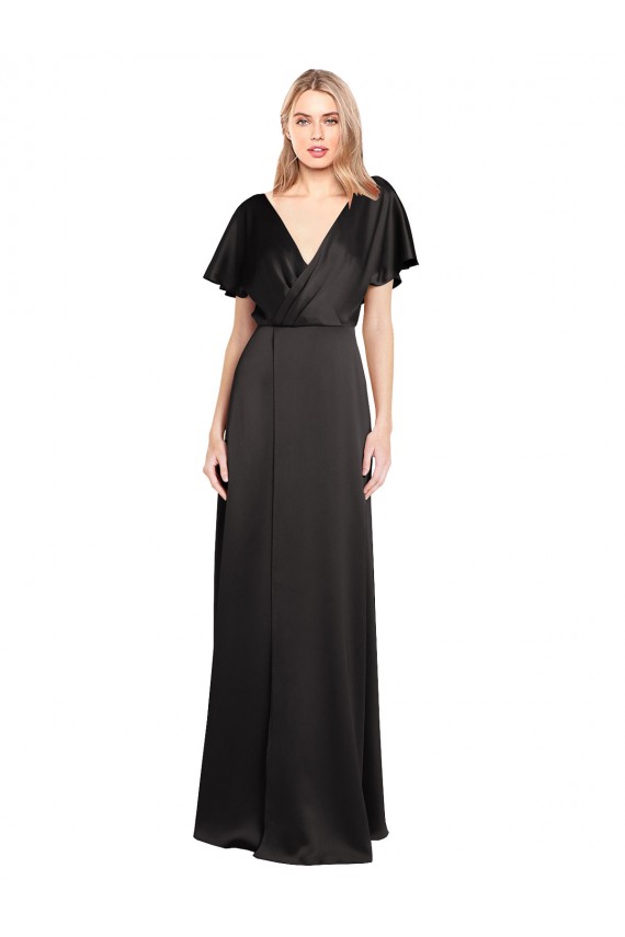 Black V-Neck Cap Sleeves Open Back A-Line Bridesmaid Dress / Evening Dress Townsville