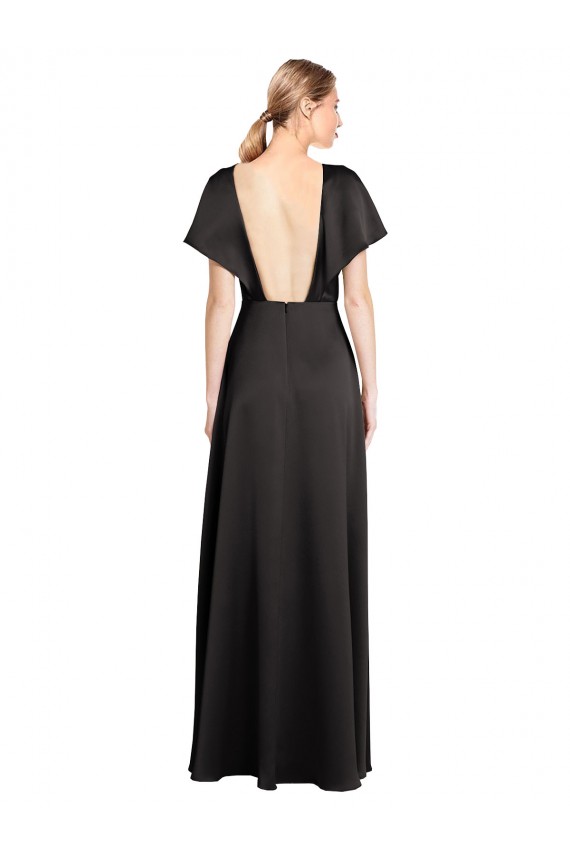Black V-Neck Cap Sleeves Open Back A-Line Bridesmaid Dress / Evening Dress Townsville