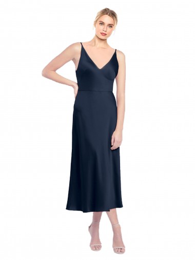 Dark Navy V-Neck Sleeveless V-Back Stretch Satin A-Line Formal Evening Gown / Prom Dress / Bridesmaid Dress Townsville