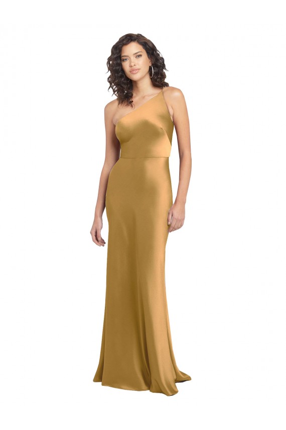 Gold One Shoulder Sleeveless Stretch Satin A-Line Formal Evening Gown / Prom Dress / Bridesmaid Dress Townsville