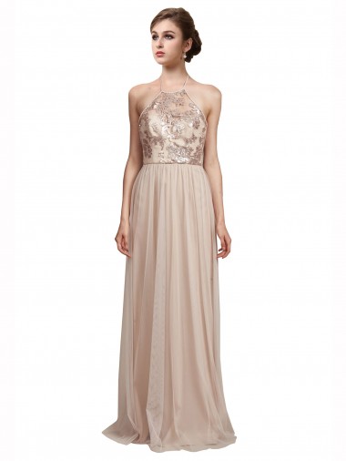 Nude Halter Neck Sleeveless A-Line Bridesmaid Dress Townsville