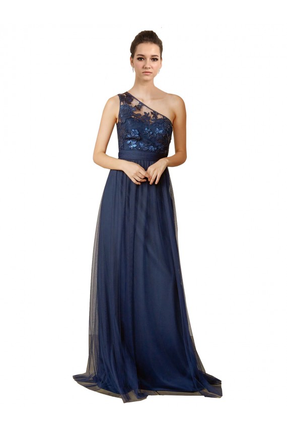 Dark Navy One Shoulder Sleeveless Tulle A-Line Bridesmaid Dress Townsville