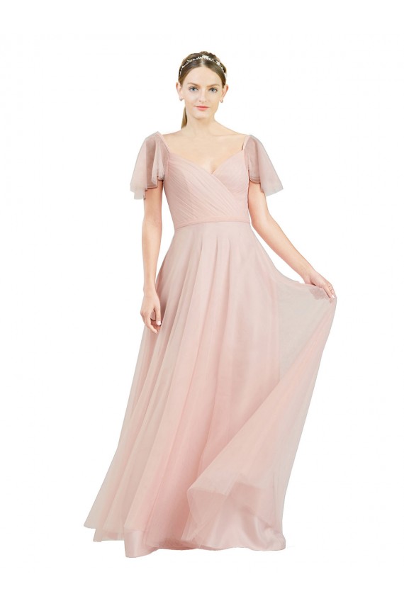 Pink V-Neck Flutter Sleeves A-Line Formal Dress / Bridesmaid Dress Townsville