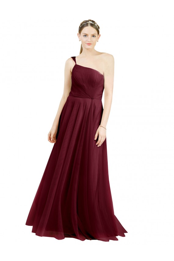 Burgundy One Shoulder Sleeveless Tulle A-Line Semi Formal Evening Dress / Bridesmaid Dress Townsville