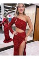 Burgundy One Shoulder Long Sleeves Mermaid Evening Dress Townsville