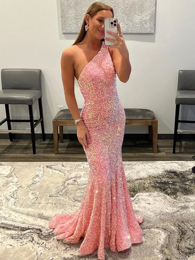 Pink One Shoulder Sleeveless Sheath Prom Dress Townsville