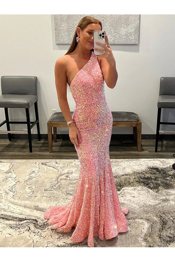 Pink One Shoulder Sleeveless Sheath Prom Dress Townsville