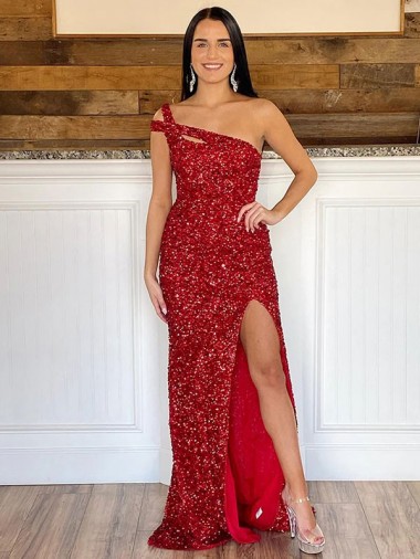 Burgundy One Shoulder Sleeveless Velvet Sequin Long Prom Dress Townsville