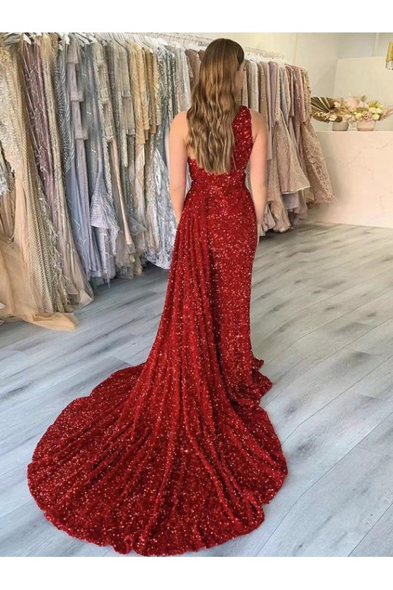 Burgundy One Shoulder Sleeveless Velvet Sequin Sheath Prom Dress Townsville