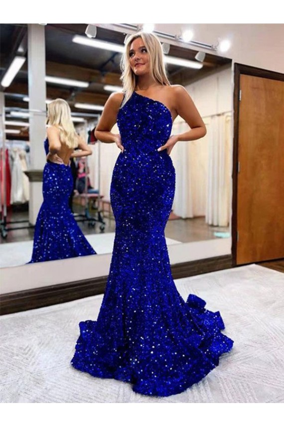 Royal Blue One Shoulder Sleeveless Mermaid Prom Dress Townsville
