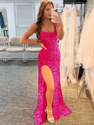 Fuchsia Spaghetti Straps Sleeveless Sheath Prom Dress / Evening Gown Townsville