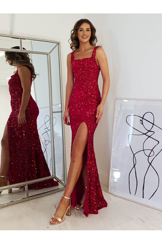 Burgundy Square Neck Sleeveless Sheath Prom Dress Townsville