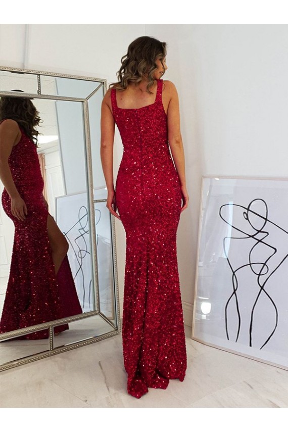 Burgundy Square Neck Sleeveless Sheath Prom Dress Townsville