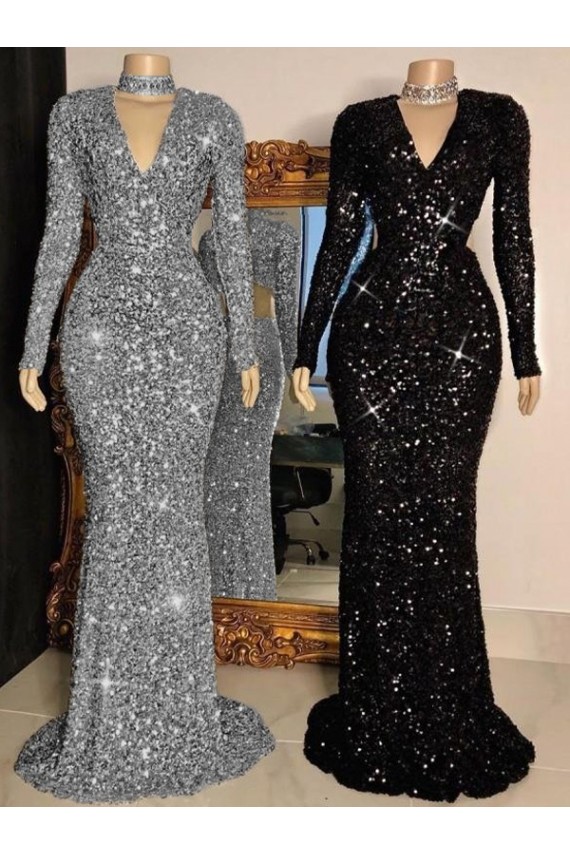 Black V-Neck Long Sleeves Sheath Prom Dress Townsville