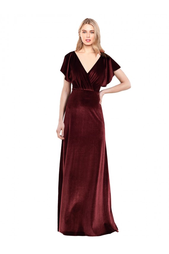 Burgundy V-Neck Flutter Sleeves V-Back A-Line Prom Dress / Bridesmaid Dress Townsville