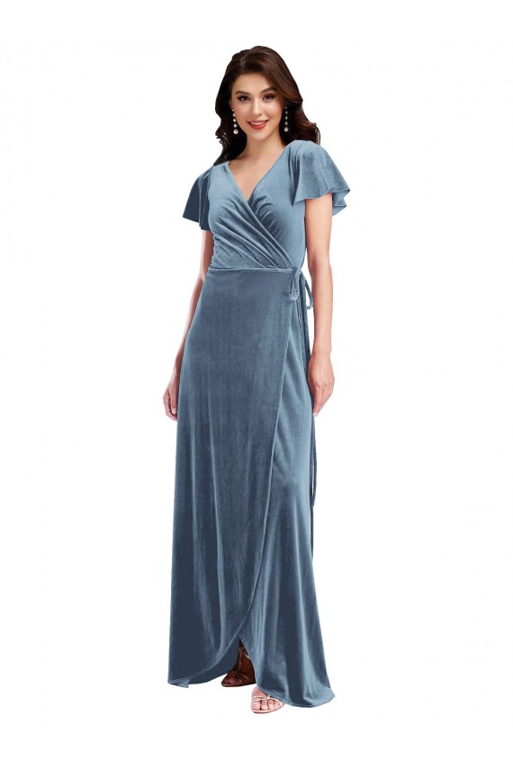 Dusty Blue V-Neck Flutter Sleeves A-Line Black Tie Evening Gown / Prom Dress / Bridesmaid Dress Townsville