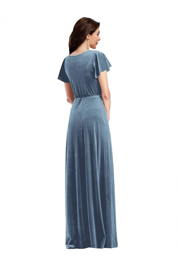 Dusty Blue V-Neck Flutter Sleeves A-Line Black Tie Evening Gown / Prom Dress / Bridesmaid Dress Townsville