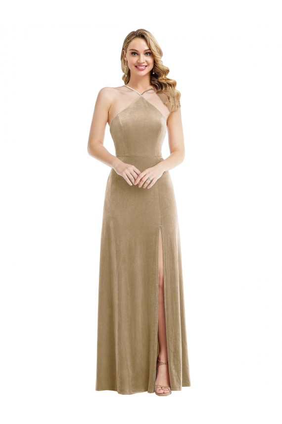 Champagne High Neck Sleeveless Open Back A-Line Semi Formal Evening Dress / Prom Dress / Bridesmaid Dress Townsville