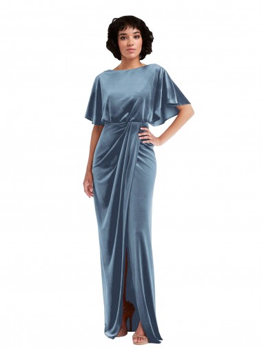 Dusty Blue Flutter Sleeves Open Back Sheath Semi Formal Evening Dress / Prom Dress / Bridesmaid Dress Townsville