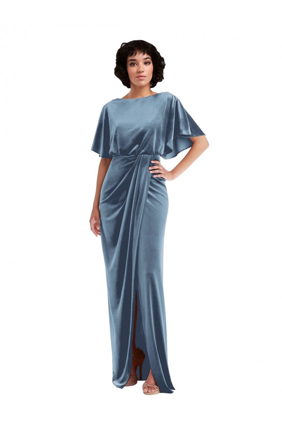 Dusty Blue Flutter Sleeves Open Back Sheath Semi Formal Evening Dress / Prom Dress / Bridesmaid Dress Townsville