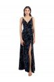 Dark Navy V-Neck Sleeveless V-Back Floral Velvet & Stretch Velvet A-Line Bridesmaid Dress Townsville