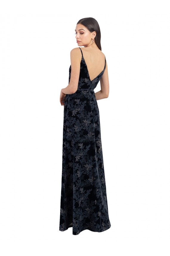 Dark Navy V-Neck Sleeveless V-Back Floral Velvet & Stretch Velvet A-Line Bridesmaid Dress Townsville