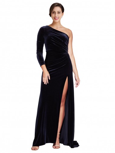 Dark Navy One Shoulder Long Sleeves A-Line Formal Evening Gown / Prom Dress / Bridesmaid Dress Townsville