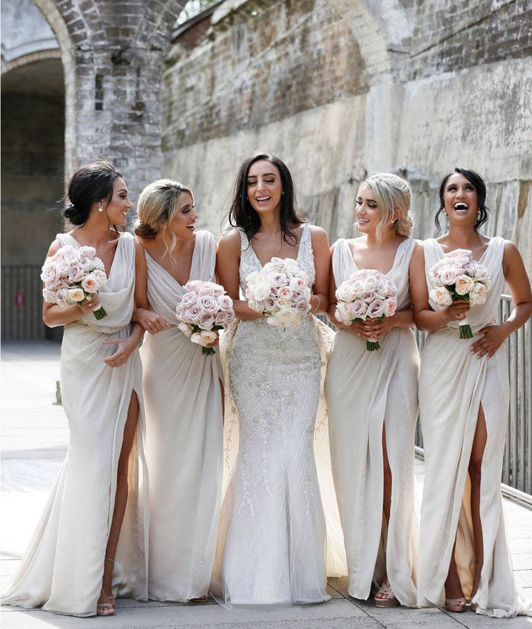 Full Length Luxe Chiffon Long Champagne bridesmaid dresses Townsville with Sexy High Slit and Front Ruffles