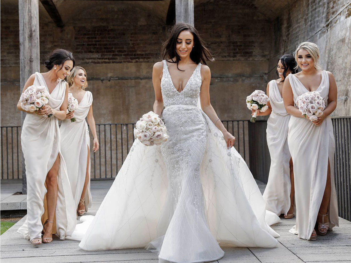 Full Length Luxe Chiffon Long Champagne bridesmaid dresses Townsville with Sexy High Slit and Front Ruffles