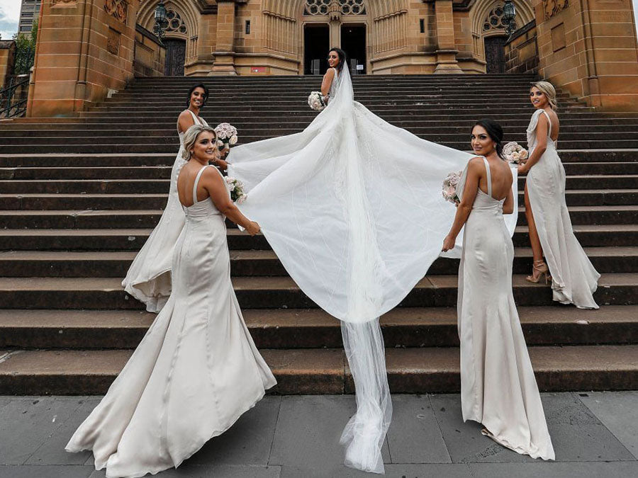 Full Length Luxe Chiffon Long Champagne bridesmaid dresses Townsville with Sexy High Slit and Front Ruffles