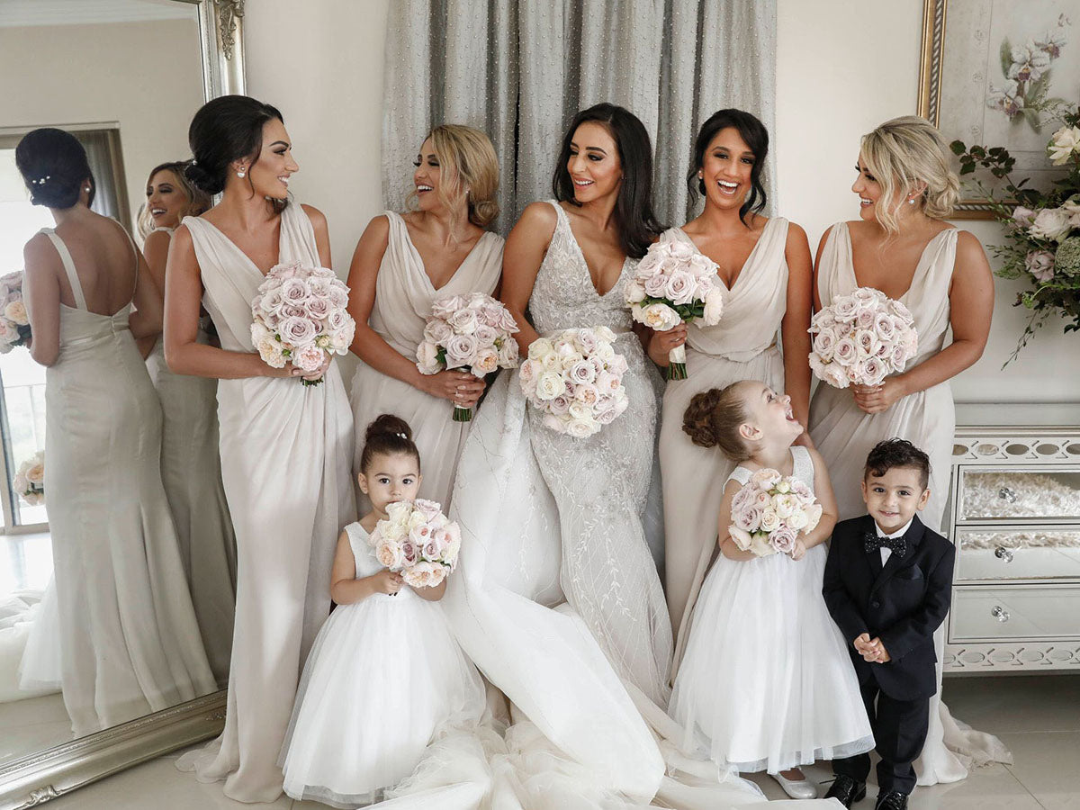 Full Length Luxe Chiffon Long Champagne bridesmaid dresses Townsville with Sexy High Slit and Front Ruffles