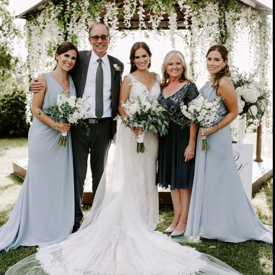 Dusty Blue Full Length Luxe Chiffon Long Champagne bridesmaid dresses Townsville with Sexy High Slit and Front Ruffles