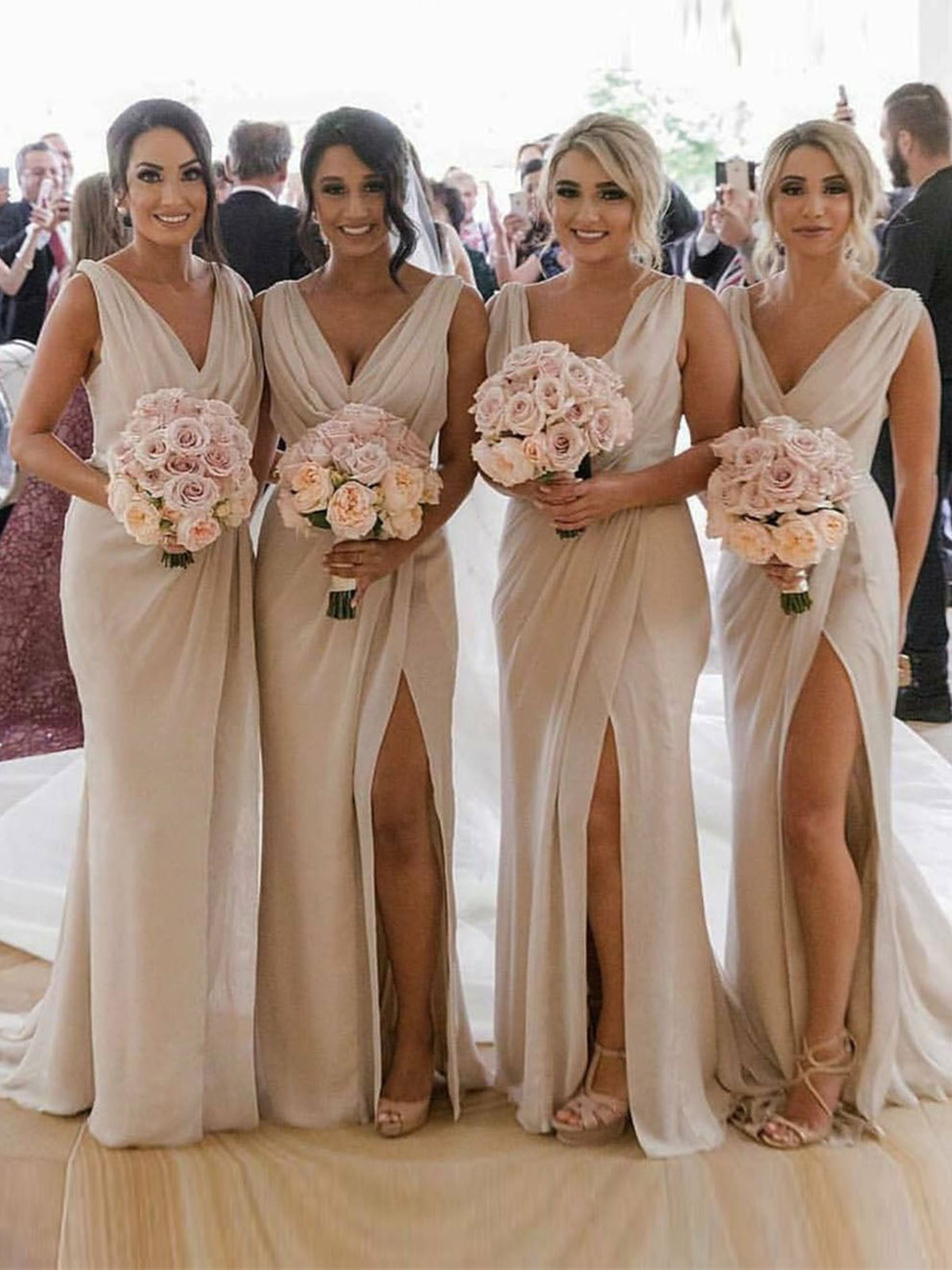Champagne Full Length Luxe Chiffon Long Champagne bridesmaid dresses Townsville with Sexy High Slit and Front Ruffles